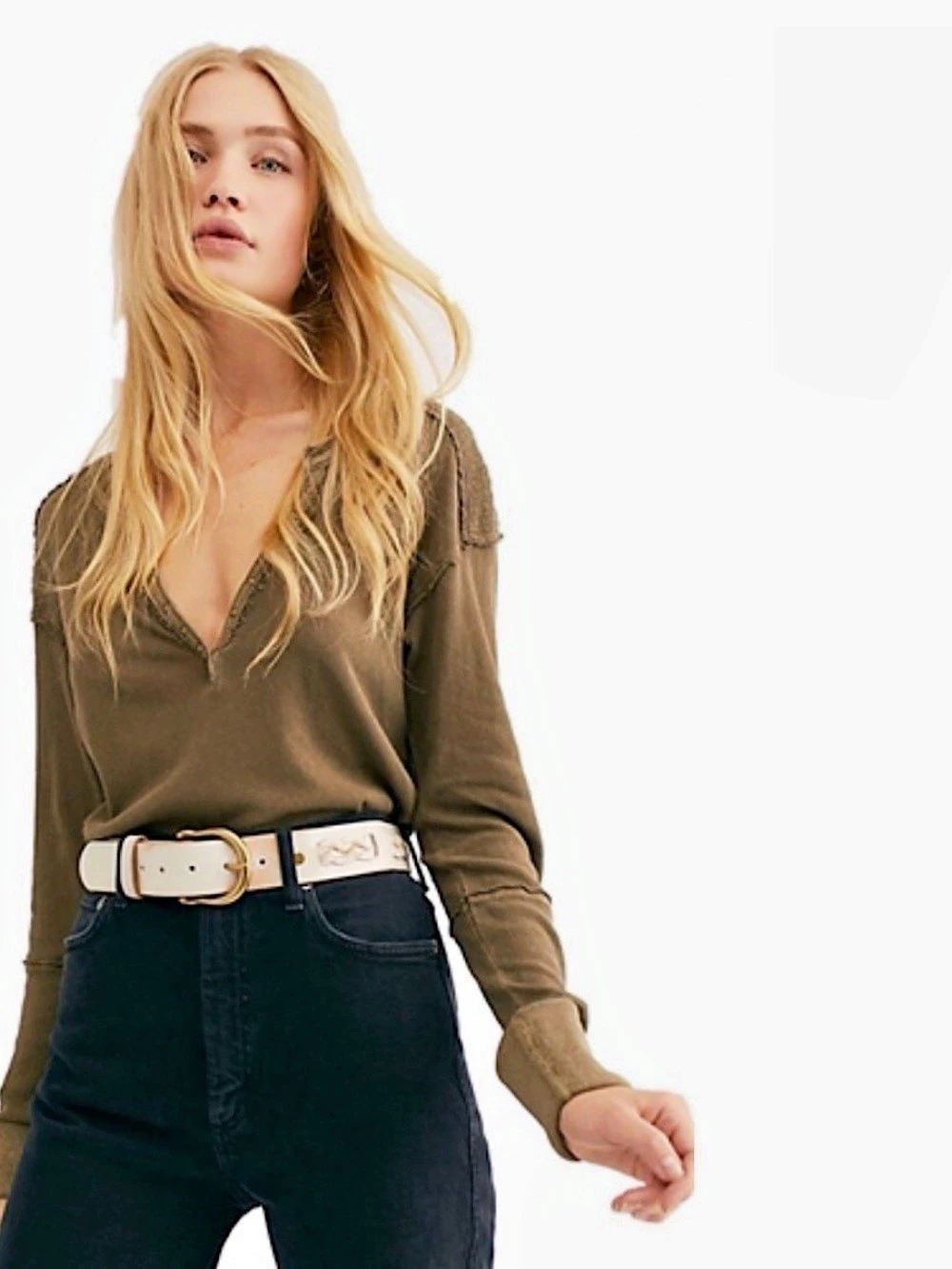 We The Free Military V-Neck Long Sleeve Top in Army Green Size Small NWT